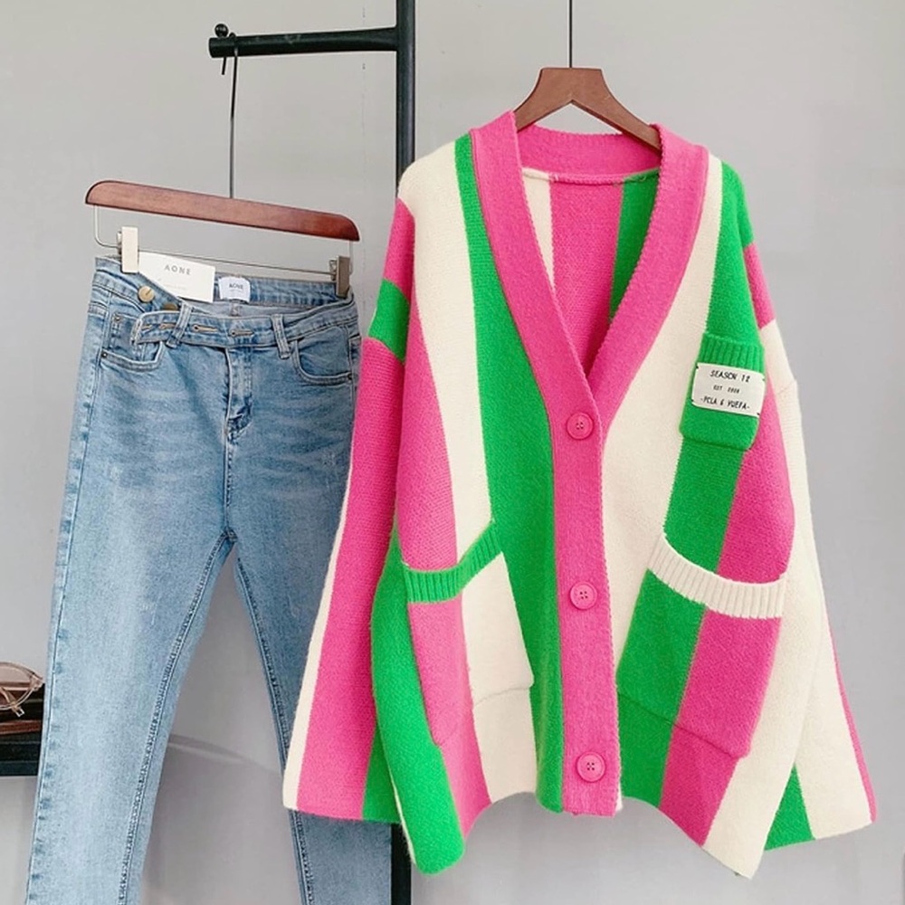 Pink and Green Striped Women's Sweater - Picture 2 of 6